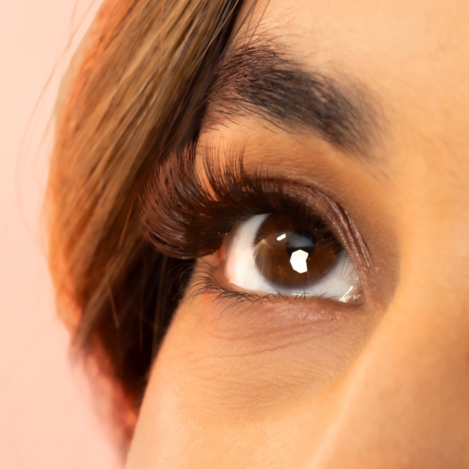 Extreme close-up of a person's brown eye with long, dark false eyelashes, eyebrow, and part of the face against a soft peach-pink background.